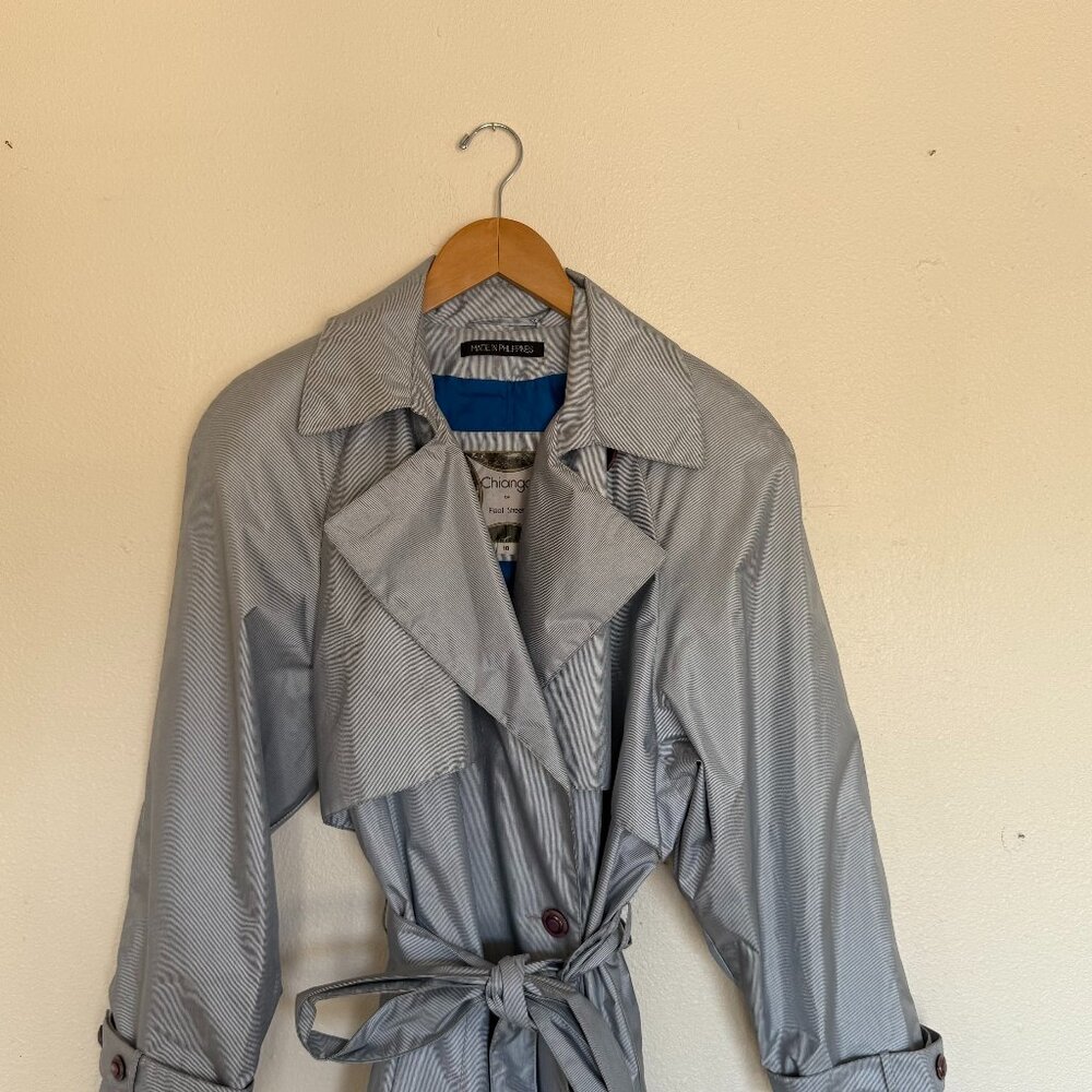 Vintage Chiango by Fleet Street Gray Stripe Trench Rain Coat Purple Buttons Med
